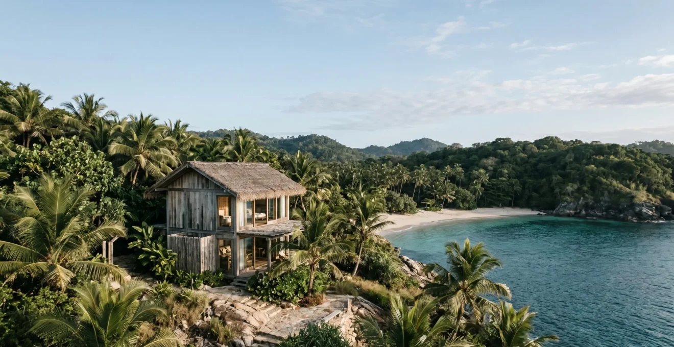 Intimate boutique island resort with local architectural details and natural integration