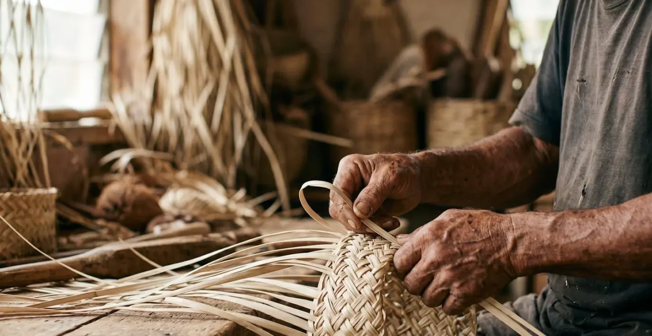 Close-up of artisan hands weaving traditional island craft with natural fibers in atmospheric workshop setting