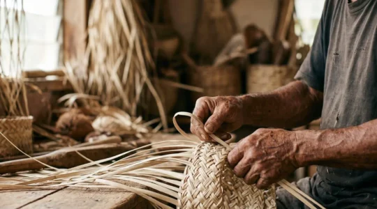 Close-up of artisan hands weaving traditional island craft with natural fibers in atmospheric workshop setting