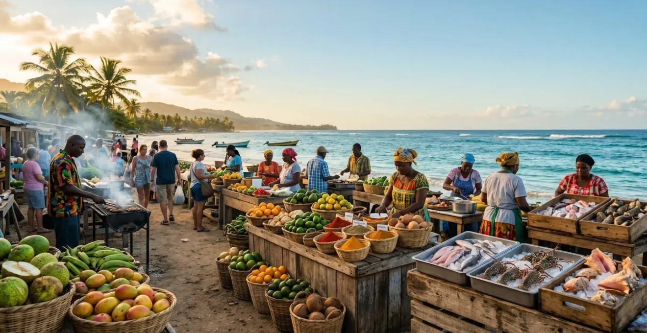 Vibrant island market scene with fresh local ingredients and traditional cooking