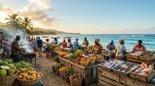 Vibrant island market scene with fresh local ingredients and traditional cooking