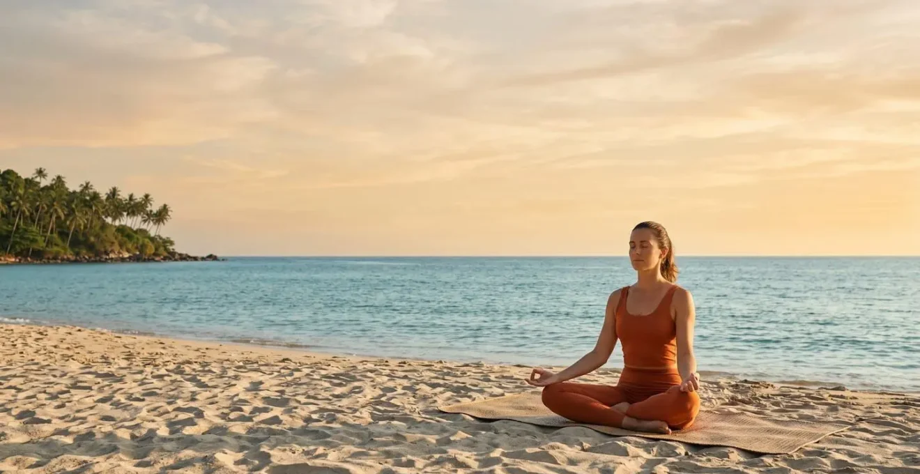 Serene yoga practitioner in mindful pose on secluded island beach at golden hour