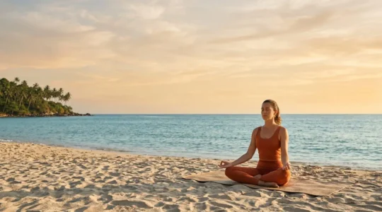 Serene yoga practitioner in mindful pose on secluded island beach at golden hour