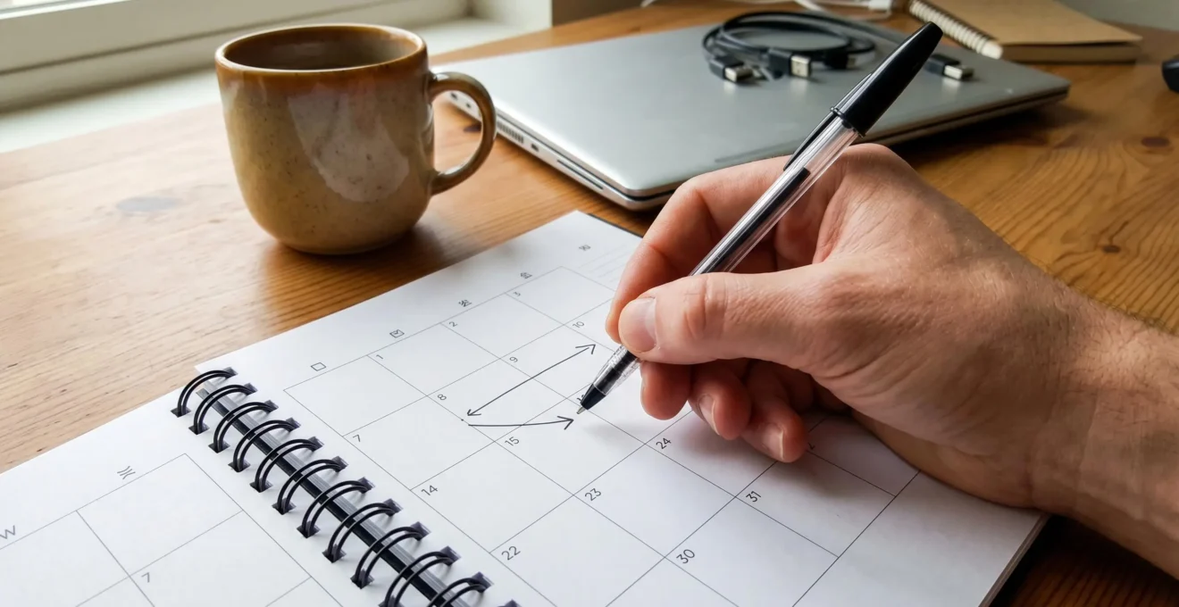 Close-up of hand marking dates on calendar with pen on clean modern desk surface