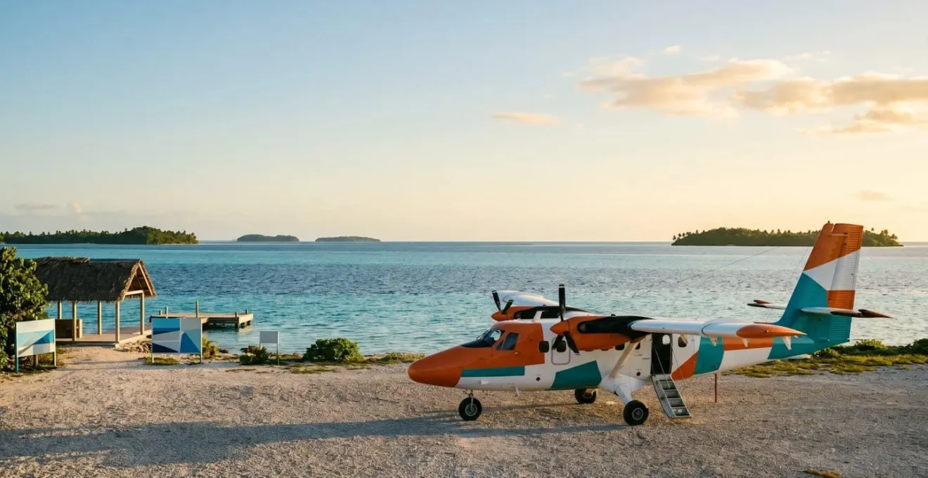 Confident traveler boarding a small propeller aircraft on a remote island runway with crystal-clear waters and tropical scenery in the background