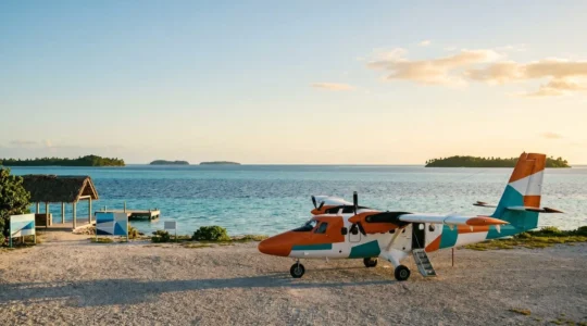 Confident traveler boarding a small propeller aircraft on a remote island runway with crystal-clear waters and tropical scenery in the background