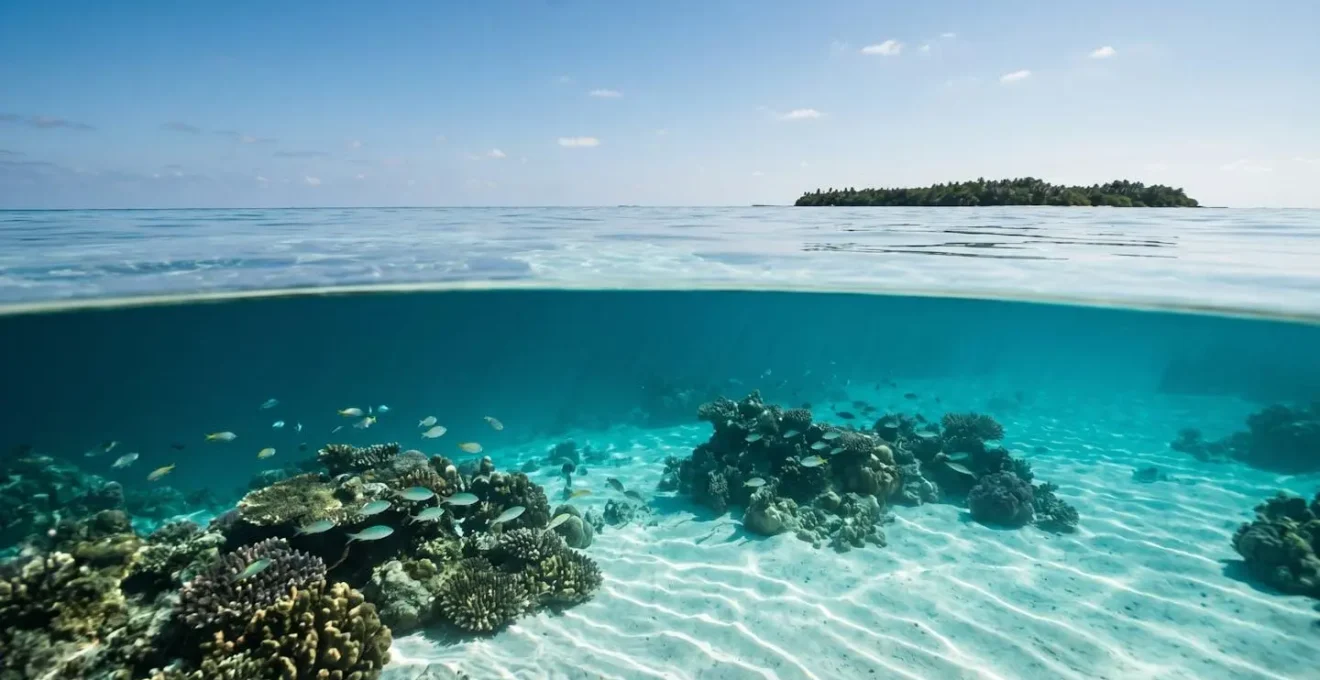 Pristine tropical island lagoon with exceptional underwater visibility showing coral reef through crystal-clear turquoise water
