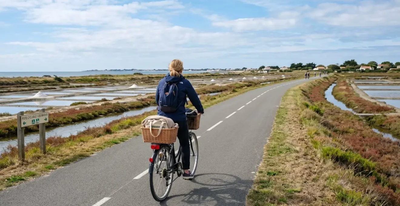 Person cycling away from camera on dedicated bike path bordered by traditional salt marsh pans, bicycle basket visible, late afternoon natural light across flat coastal landscape