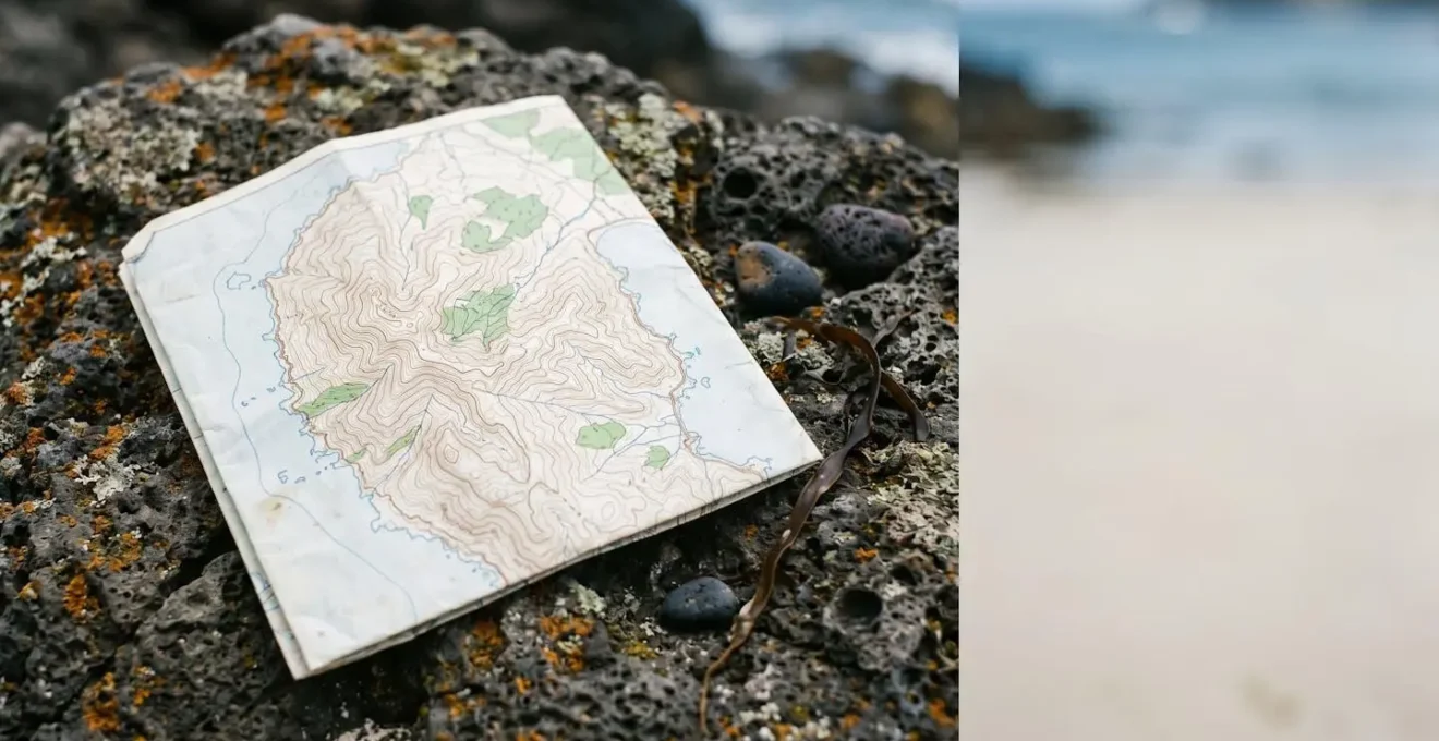 Professional topographic hiking map spread across natural outdoor surface showing detailed contour lines and island terrain features