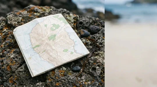 Professional topographic hiking map spread across natural outdoor surface showing detailed contour lines and island terrain features