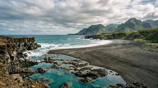 Dramatic volcanic island coastline showcasing diverse geological features from rocky cliffs to sandy beaches