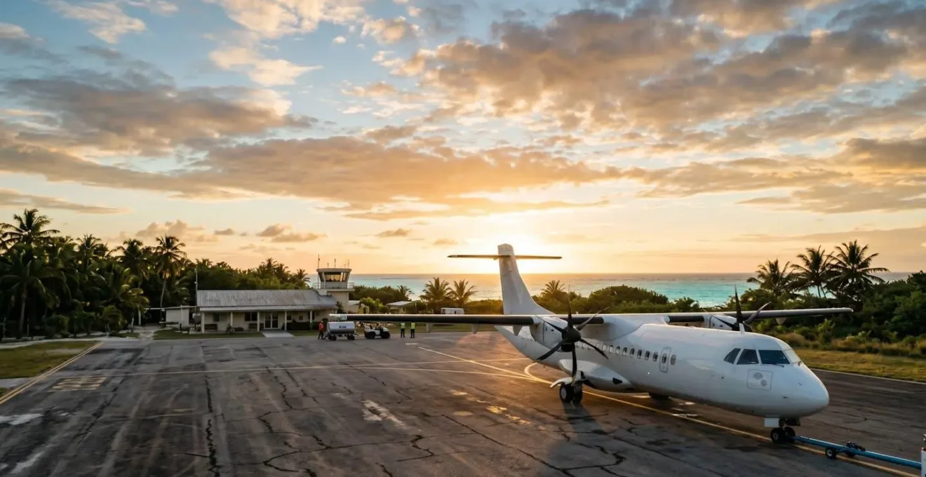 Regional turboprop aircraft at a small island airport terminal with passengers boarding