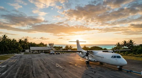 Regional turboprop aircraft at a small island airport terminal with passengers boarding