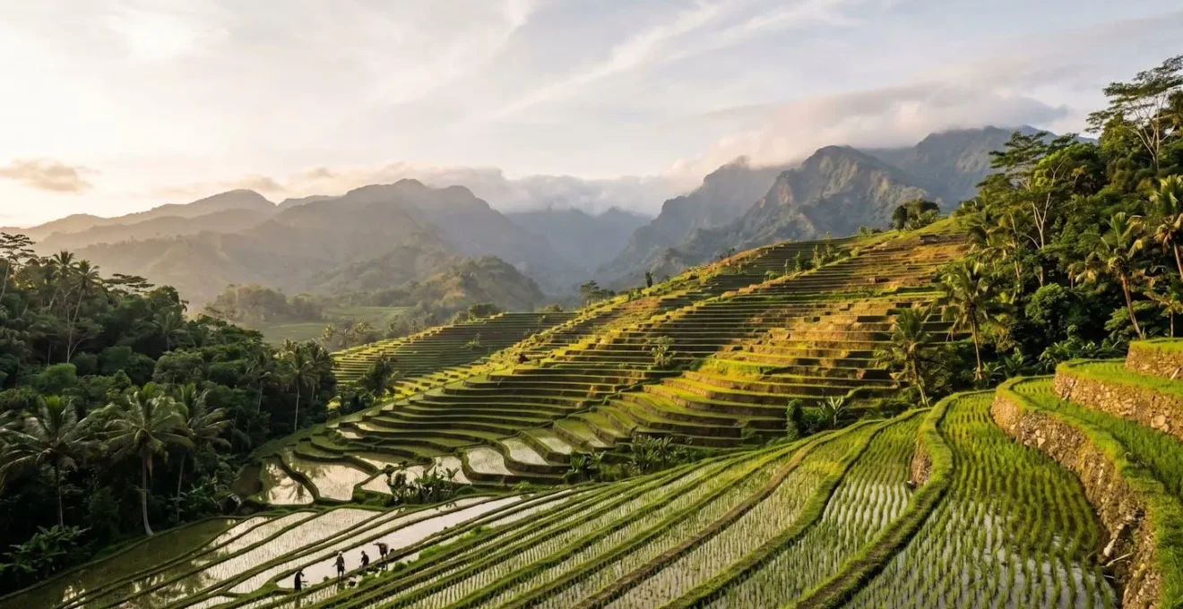 Cascading emerald rice terraces carved into steep mountain slopes on a tropical island at golden hour