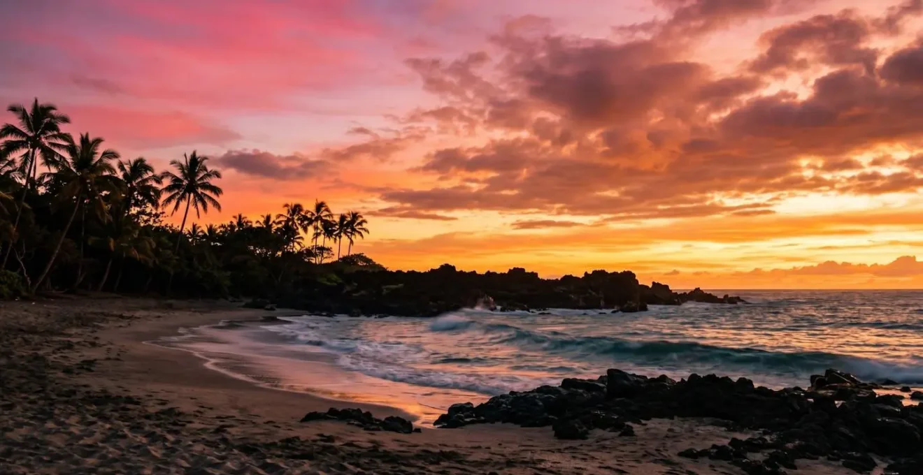 Breathtaking island sunset with vibrant orange and purple sky over tropical coastline