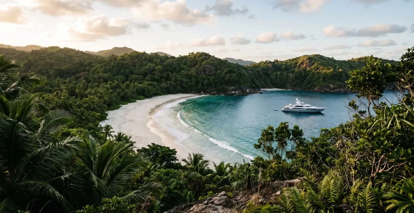 Pristine tropical island cove with turquoise water accessible only by premium tour