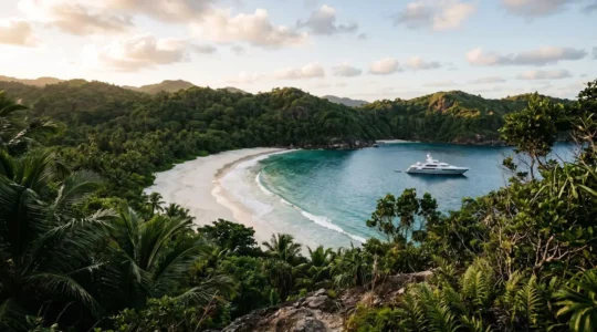Pristine tropical island cove with turquoise water accessible only by premium tour