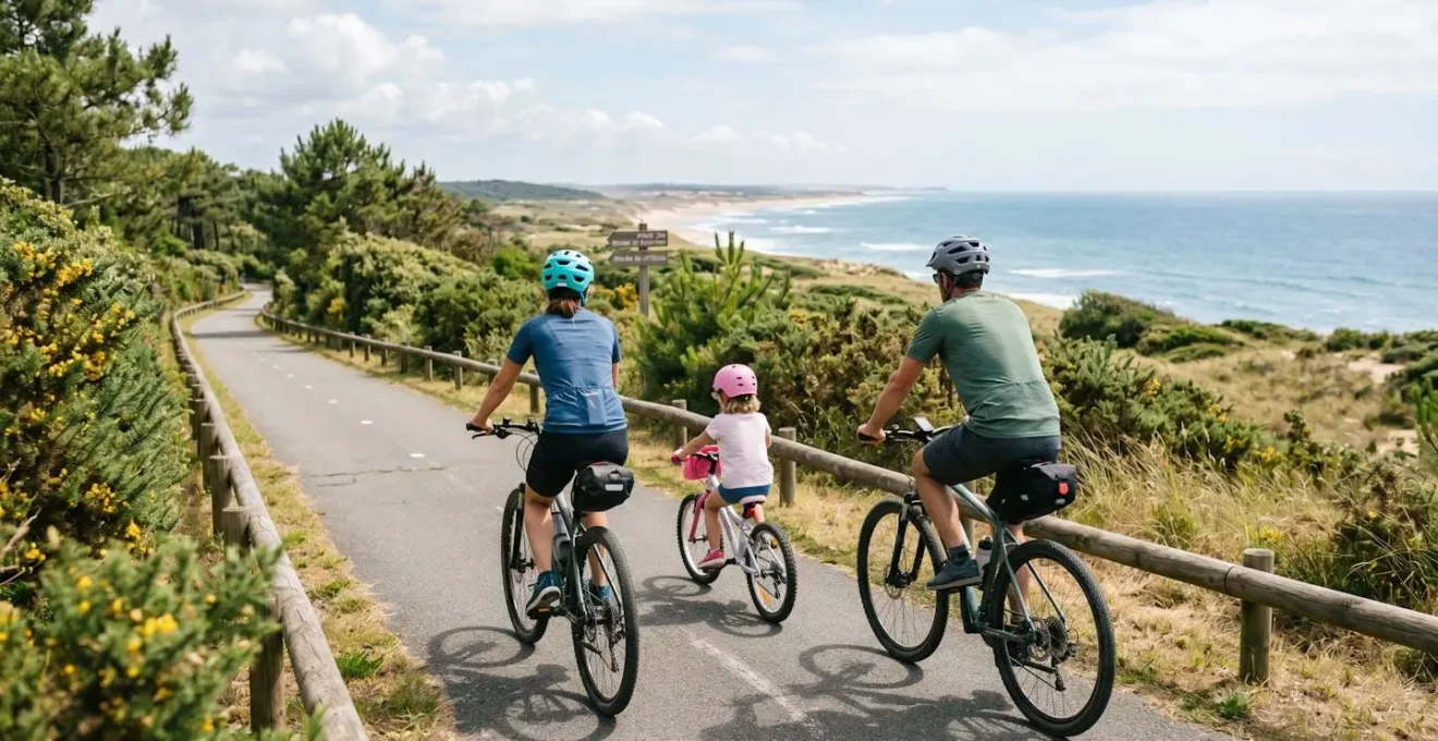 Candid rear view shot of family cycling on dedicated bike path with adult and two children on bicycles, French coastal vegetation and blue sky in background, no faces visible toward camera
