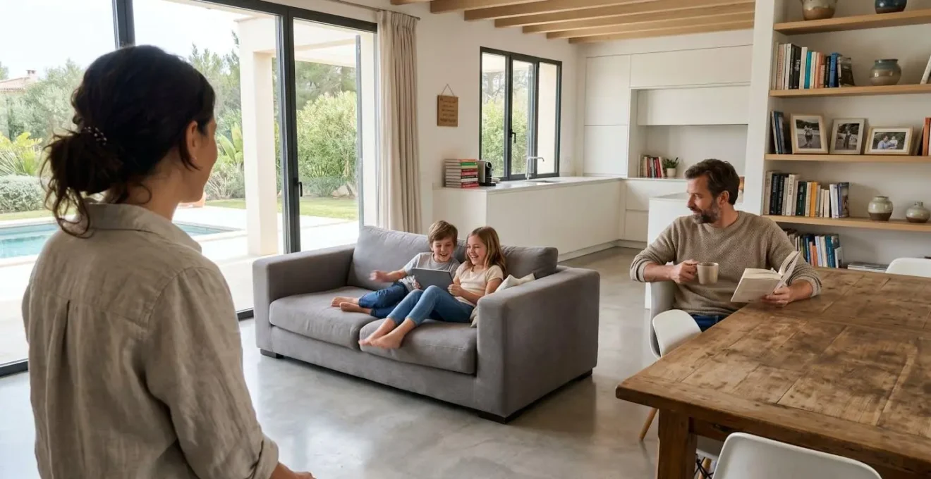 Family of four relaxed on contemporary sofa in bright villa living room with large windows, viewed from over-the-shoulder angle