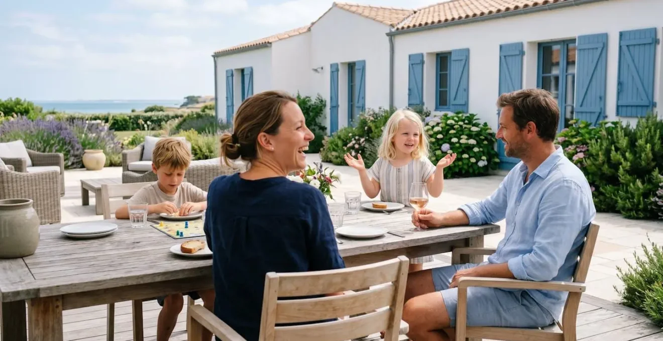 Family seen from behind relaxing on spacious stone terrace of contemporary Île de Ré villa, overlooking garden and distant Atlantic coast landscape