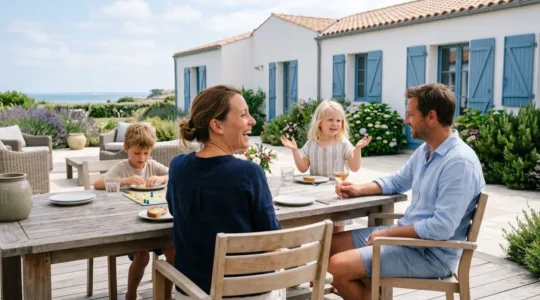 Family seen from behind relaxing on spacious stone terrace of contemporary Île de Ré villa, overlooking garden and distant Atlantic coast landscape