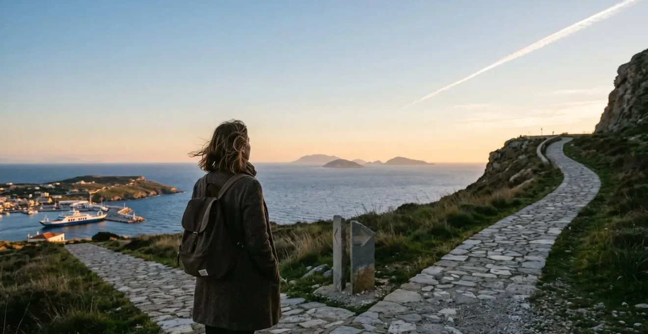 Traveler contemplating ferry versus flight choice for island journey with scenic coastal backdrop