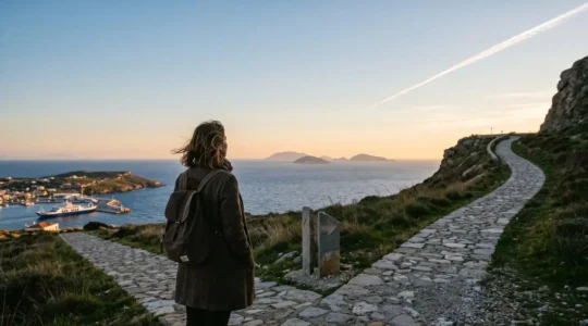 Traveler contemplating ferry versus flight choice for island journey with scenic coastal backdrop