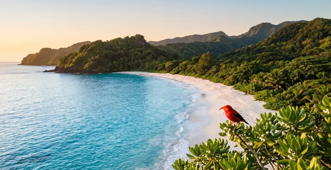 Pristine tropical island coastline with turquoise waters and untouched natural vegetation, symbolizing fragile island ecosystem conservation