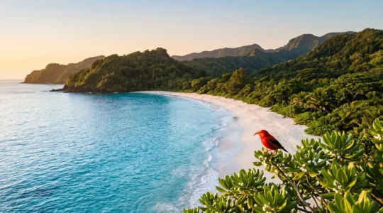 Pristine tropical island coastline with turquoise waters and untouched natural vegetation, symbolizing fragile island ecosystem conservation