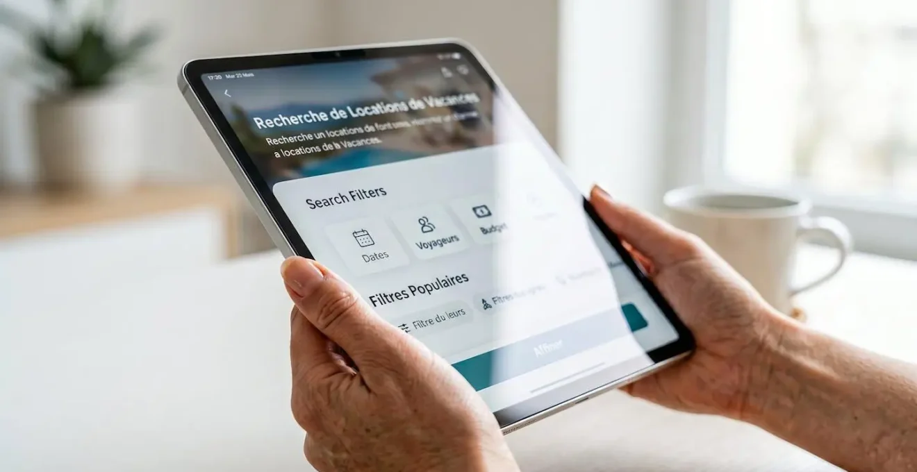 Close-up of hands holding tablet displaying vacation rental search interface with property filters and Île de Ré map, shallow depth of field, modern device on clean white surface