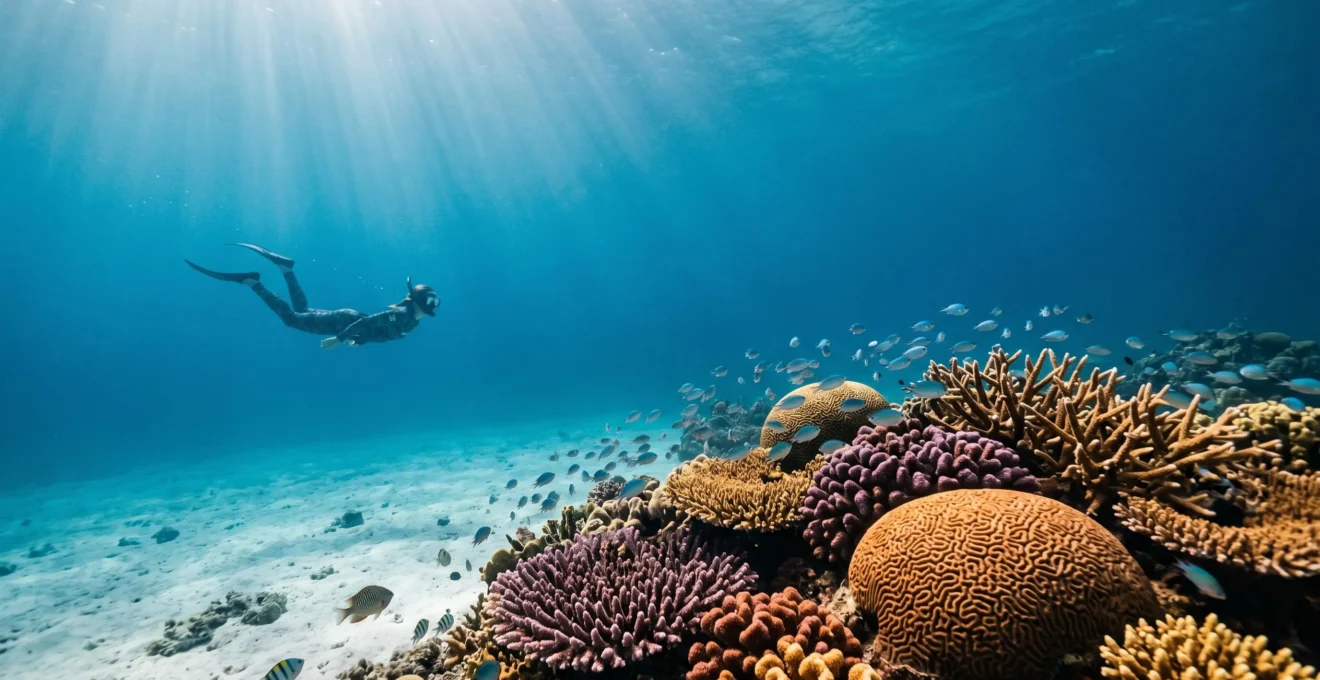Snorkeler observing vibrant coral reef from safe distance with proper buoyancy control in clear tropical water