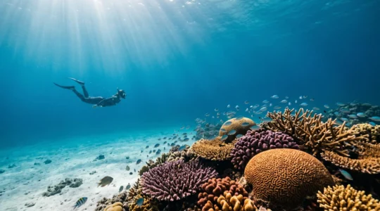 Snorkeler observing vibrant coral reef from safe distance with proper buoyancy control in clear tropical water