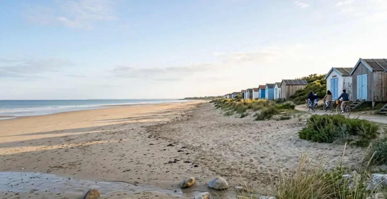 Wide view of empty sandy beach on Île de Ré with traditional wooden beach huts and bicycles in the distance during soft morning light
