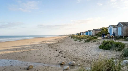 Wide view of empty sandy beach on Île de Ré with traditional wooden beach huts and bicycles in the distance during soft morning light