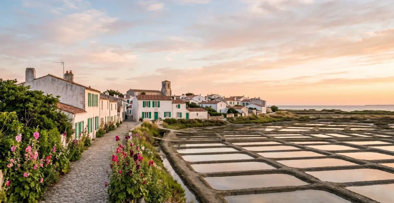 Scenic view of whitewashed village houses with green shutters along salt marshes on Île de Ré, Atlantic coast of France