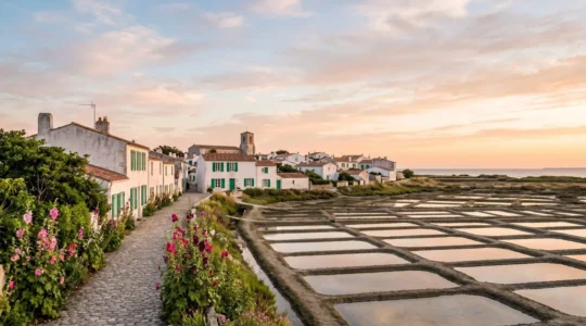 Scenic view of whitewashed village houses with green shutters along salt marshes on Île de Ré, Atlantic coast of France