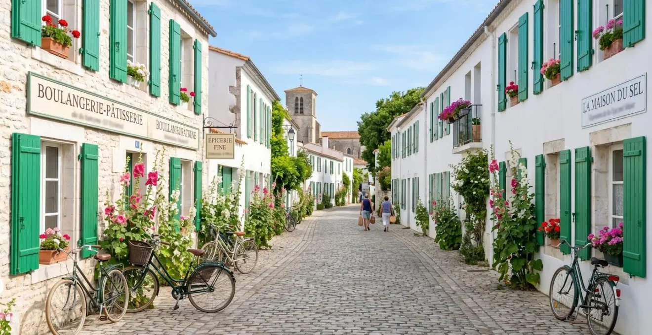 Empty cobblestone street lined with white-washed houses featuring green shutters and hollyhocks, with bicycles leaning against walls in morning sunlight