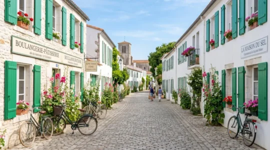 Empty cobblestone street lined with white-washed houses featuring green shutters and hollyhocks, with bicycles leaning against walls in morning sunlight