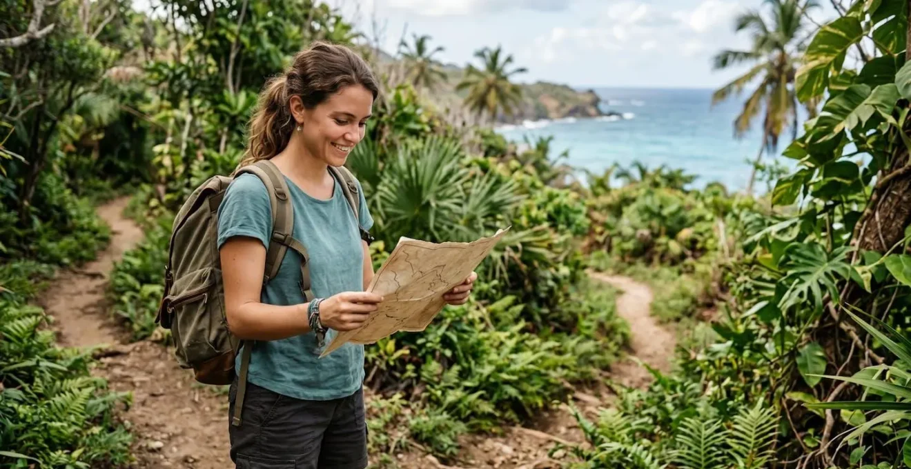Solo traveler confidently navigating a secluded island trail with map in hand, surrounded by lush coastal vegetation and distant ocean views