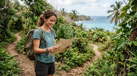 Solo traveler confidently navigating a secluded island trail with map in hand, surrounded by lush coastal vegetation and distant ocean views