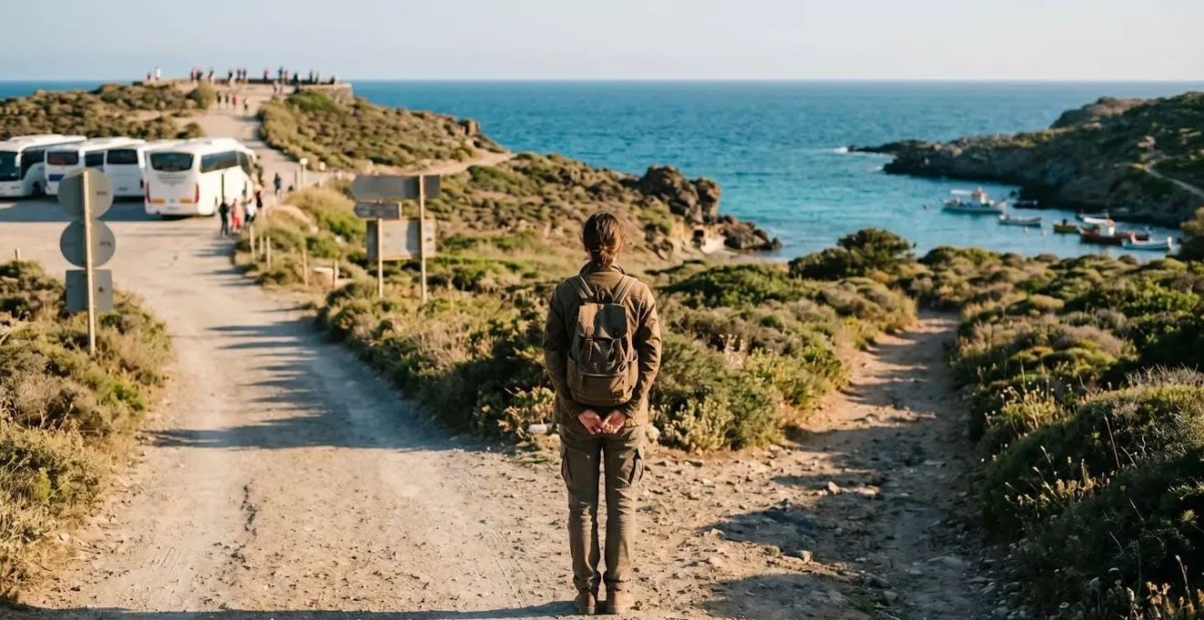 Solo traveler with backpack standing at crossroads on coastal island path choosing between crowded tourist route and quiet local trail