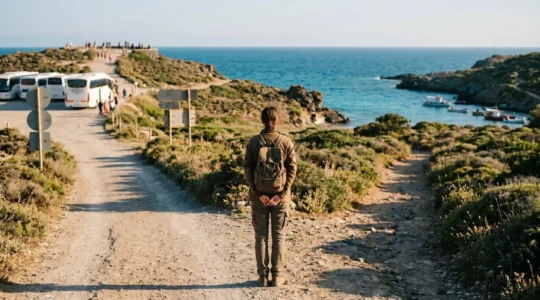 Solo traveler with backpack standing at crossroads on coastal island path choosing between crowded tourist route and quiet local trail