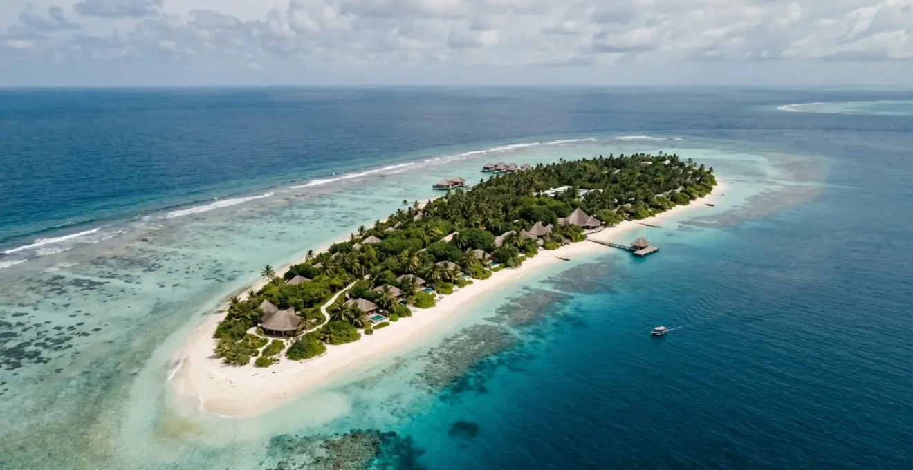 Aerial view of tropical island with diverse accommodation options from beachfront hotels to secluded villas