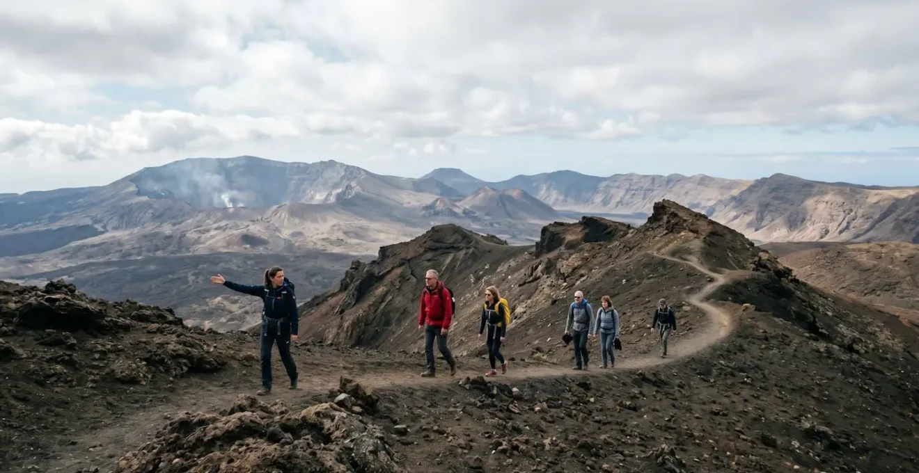 Professional guide leading small group through dramatic volcanic island terrain with safety equipment visible