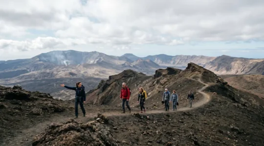 Professional guide leading small group through dramatic volcanic island terrain with safety equipment visible