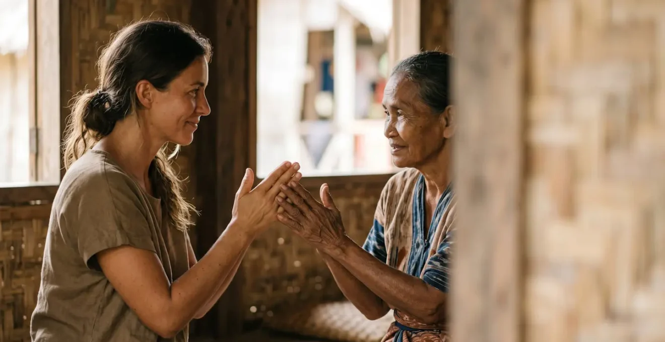 Traveler respectfully engaging with island community member in a traditional setting