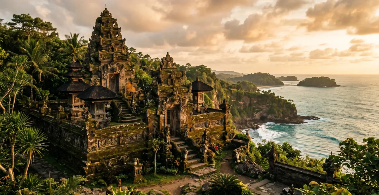Ancient island temple complex with weathered stone ruins nestled in lush tropical landscape at golden hour