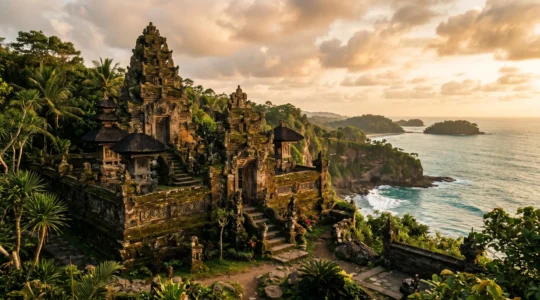 Ancient island temple complex with weathered stone ruins nestled in lush tropical landscape at golden hour