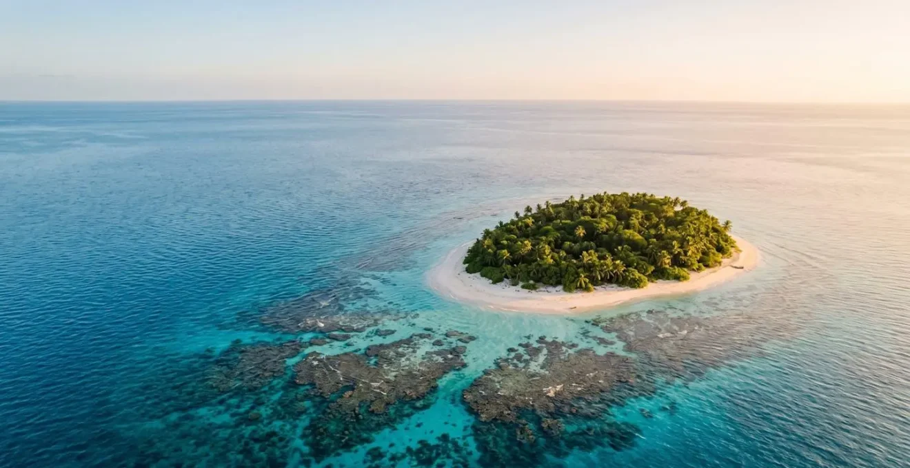 Aerial view of pristine island ecosystem showing coral reefs and coastal biodiversity