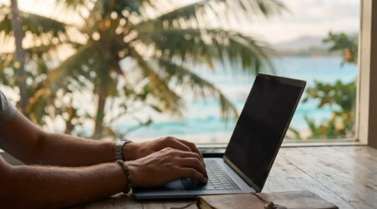 Vigilant traveler researching island vacation rental authenticity on laptop with tropical villa imagery in background